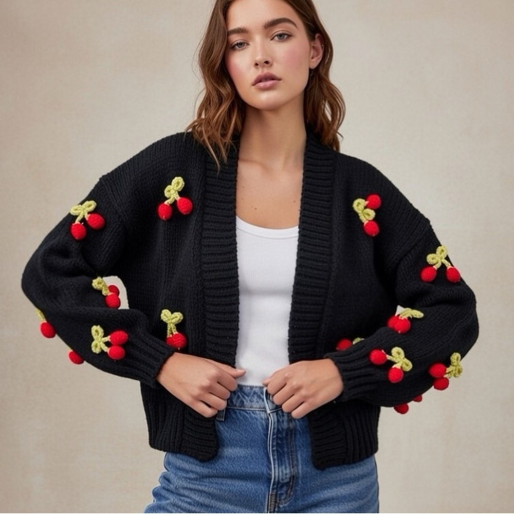 ANTHRO+DUCHAMP COLLAB CHUNKY 3D CHERRY KNIT CARDIGAN SWEATER